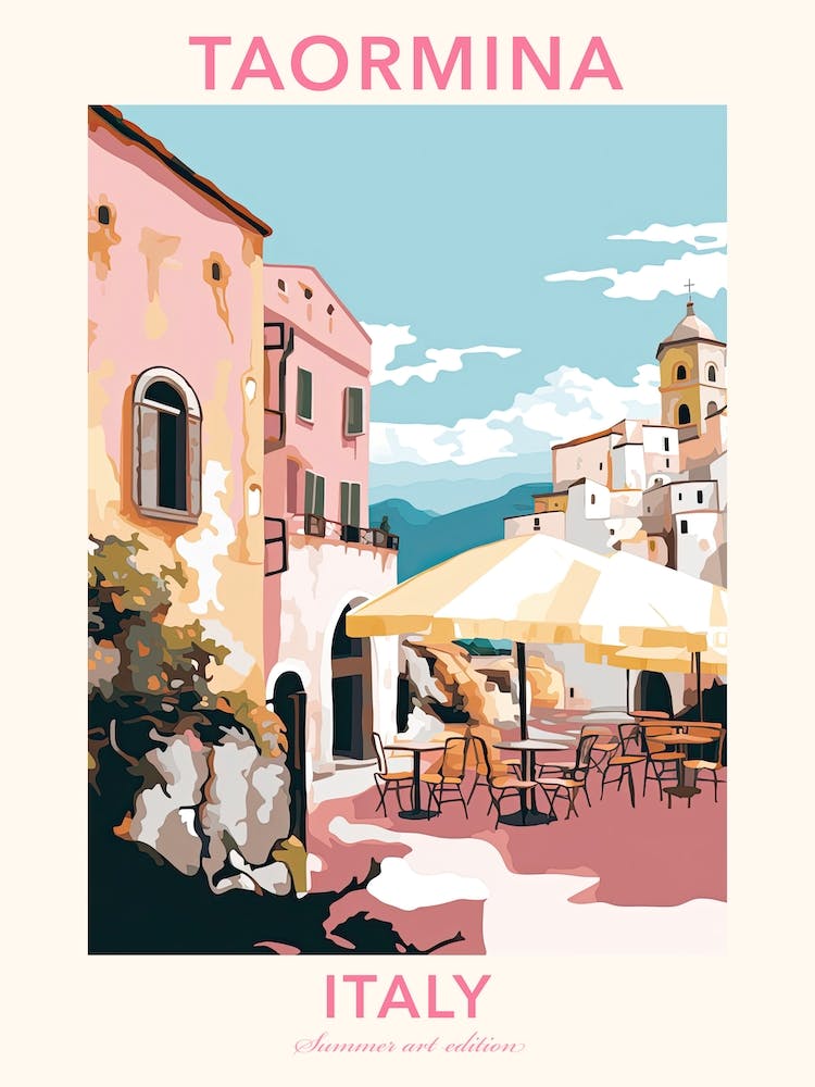Taormina, Italie, Illustration Tons Pastels Plats 3 - Affiche
