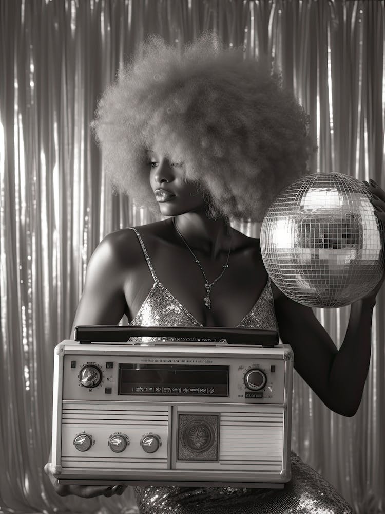 Black And White Woman With A Disco Ball And Boombox 1