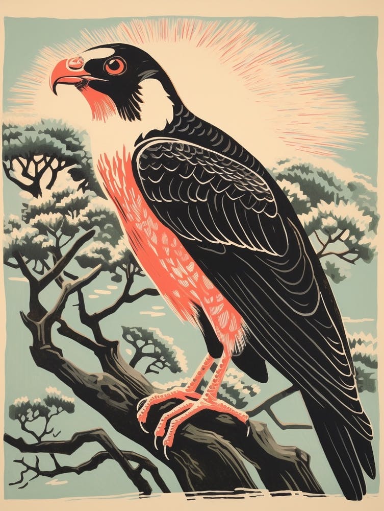 Vintage Bird Linocut Crested Caracara 4
