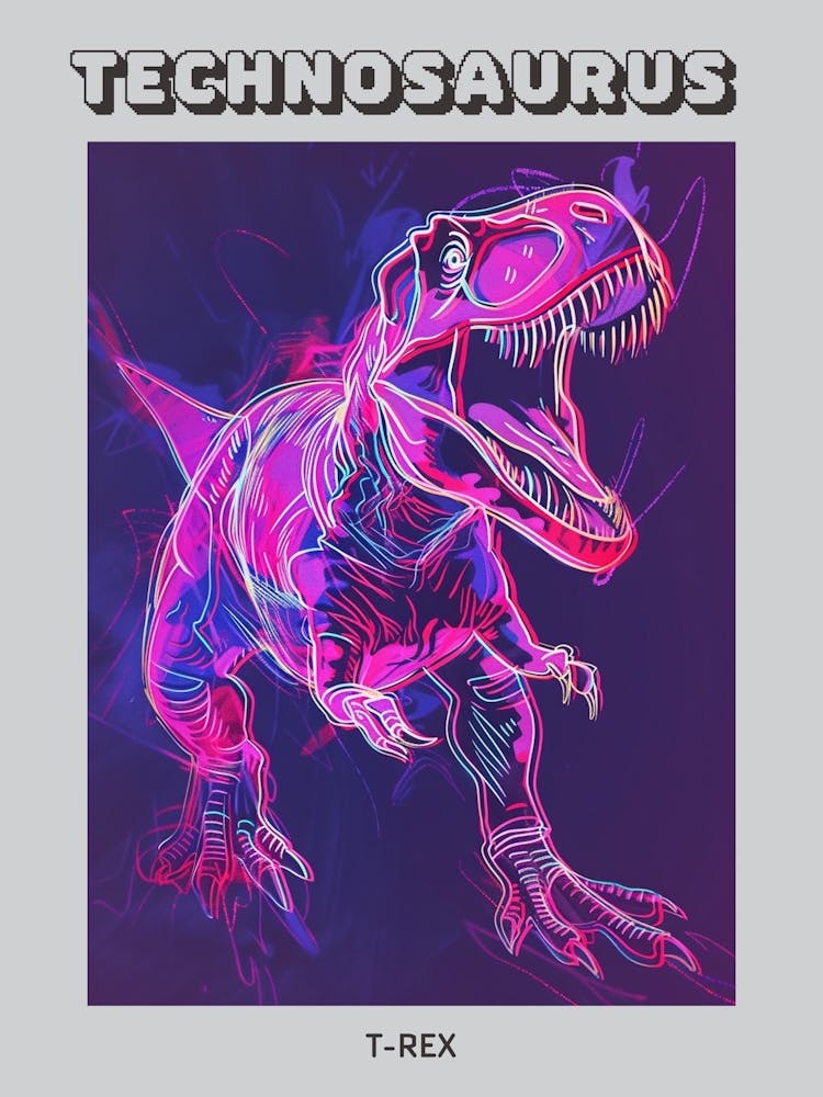 Pink Neon T Rex Line Illustration Poster