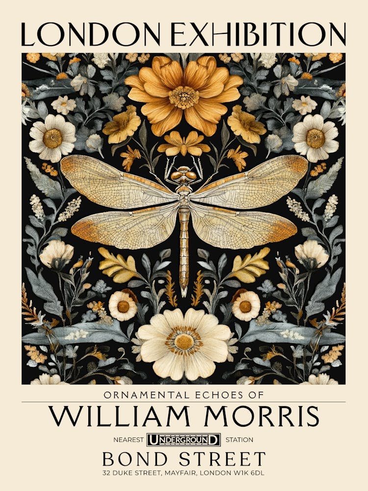 William Morris Dragonfly and floral artwork in Warm earth tones, insect and flower pattern dark academia library Botanical vintage print, living room vintage decor Floral tapestry Victorian nature art 19
