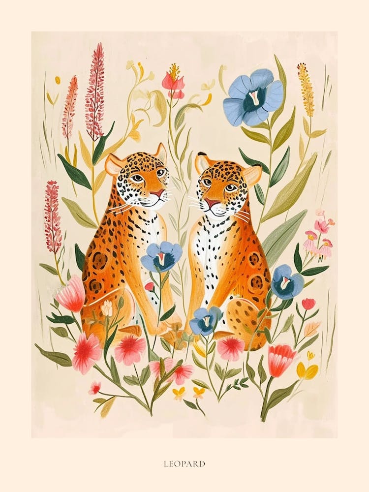 Folksy Floral Animal Drawing Leopard 5 Poster