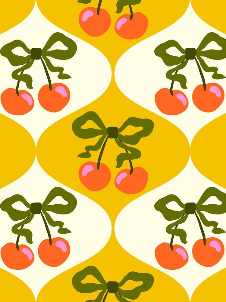Red Cherries and Coquette Green Bows on Yellow and Cream White Ogee Shapes