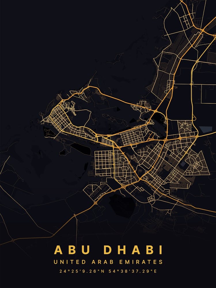 Abu Dhabi Uae Black And Gold Map
