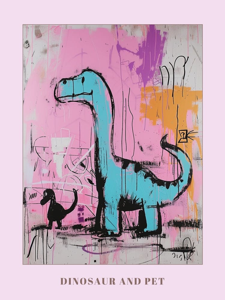 Dinosaur With Pet Blue Purple Pink 3 Poster