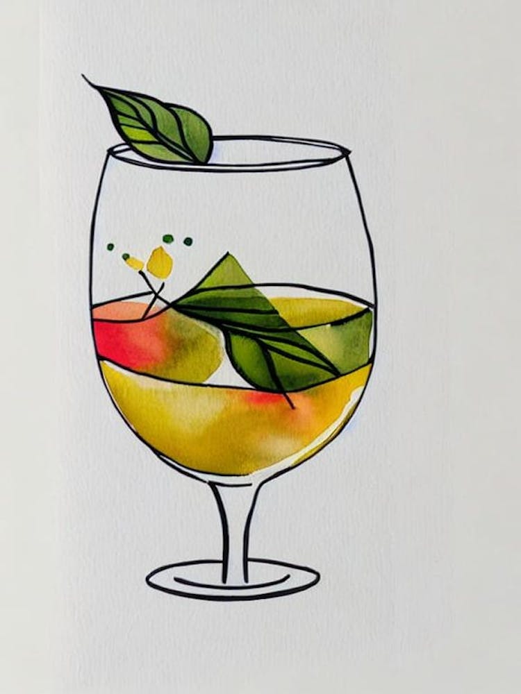 Chardonnay Minimal Line Drawing With Watercolour Cocktail Poster