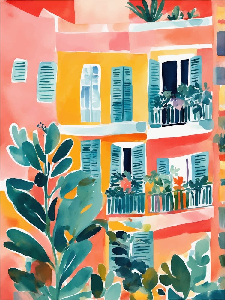 watercolor vintage building with balconies and flowers