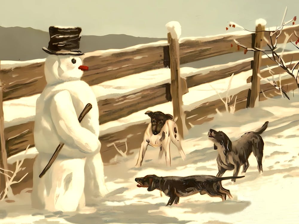 Snowman By The Fence And Three Freezing Dogs