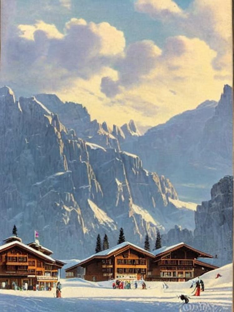 Alta Badia, Italy Ski Resort Vintage Landscape 2 Skiing Poster