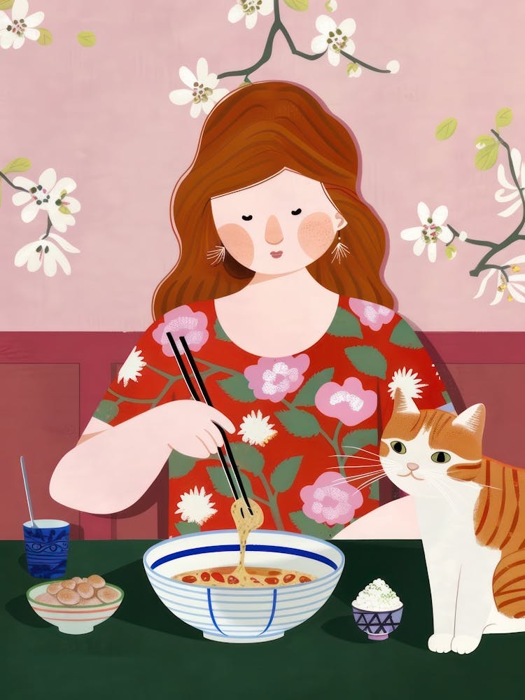 Girl Eating Ramen With A Cat