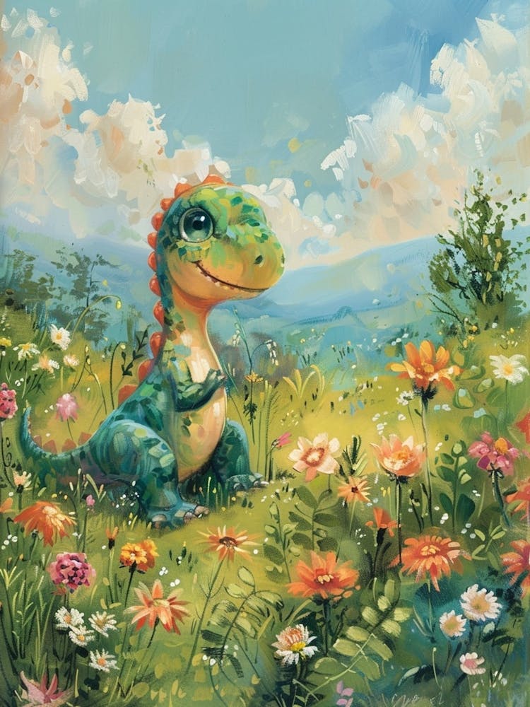 Cute Dinosaur In A Meadow Storybook Painting 1