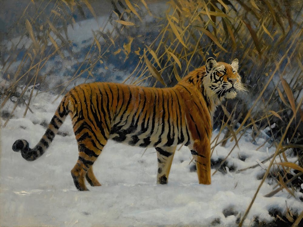 Tiger In Snow, Vintage Winter Art