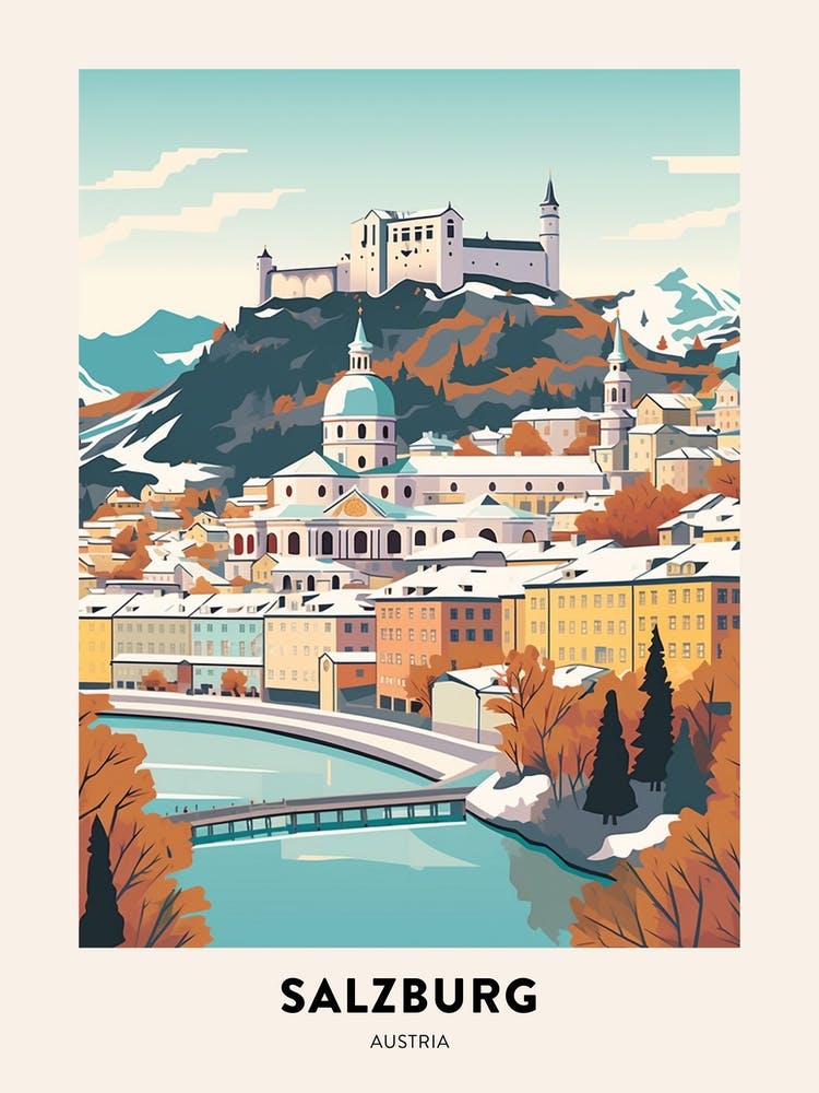 Vintage Winter Travel Poster Salzburg Austria 2