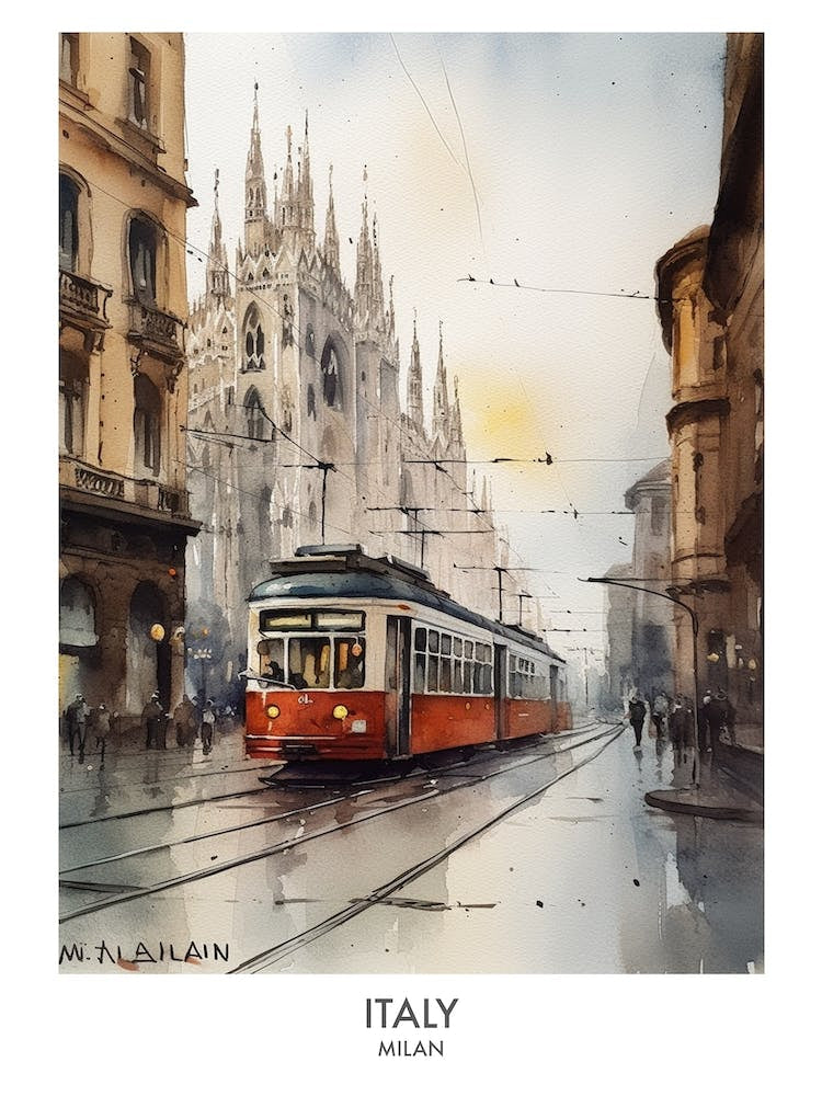 Milan, Italy 4 Watercolor Travel Poster