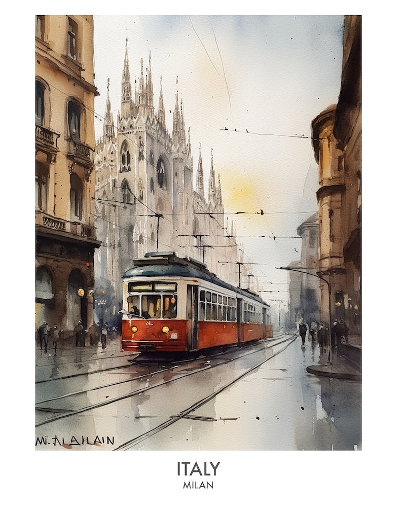 Milan, Italy 4 Watercolor Travel Poster