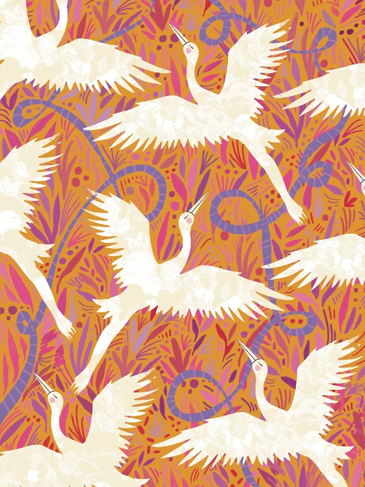 Yellow Cranes Floral Pattern