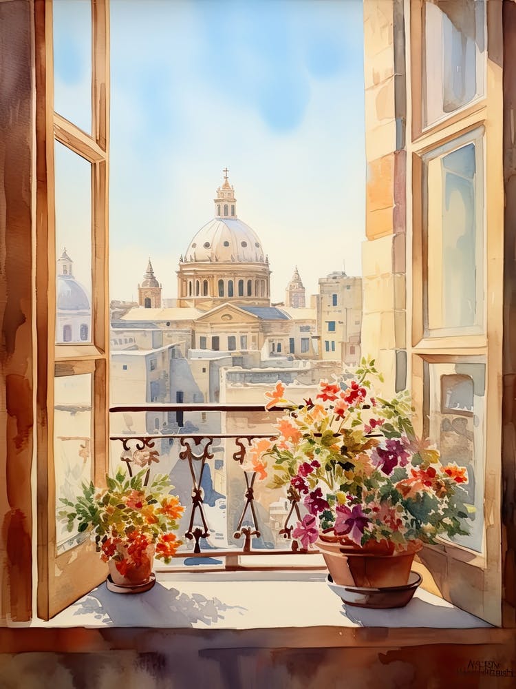 Window View Of Valletta Malta In Autumn Fall, Watercolour 3