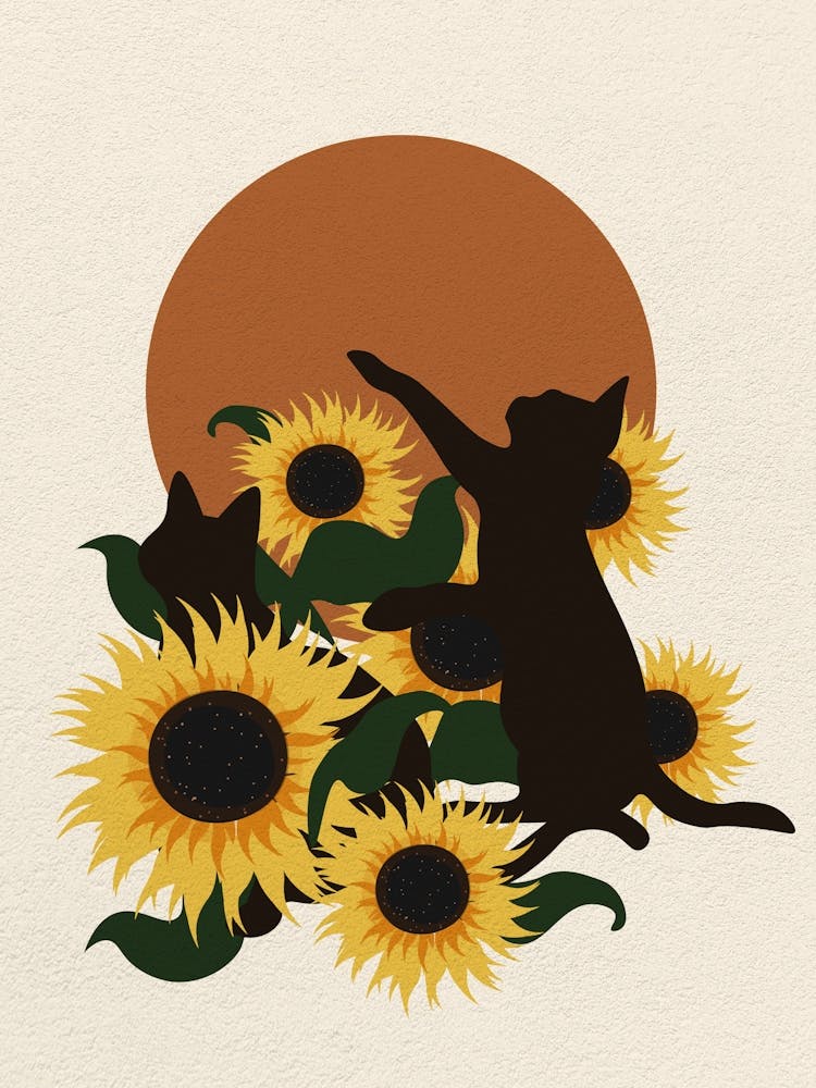 Minimalistische Kunst Katze und Sonnenblumen