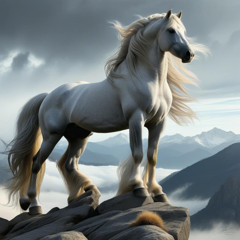 white Horse With Long Flowing Mane Poised On Rocky Outcropping Mountain Range Looming In The Back