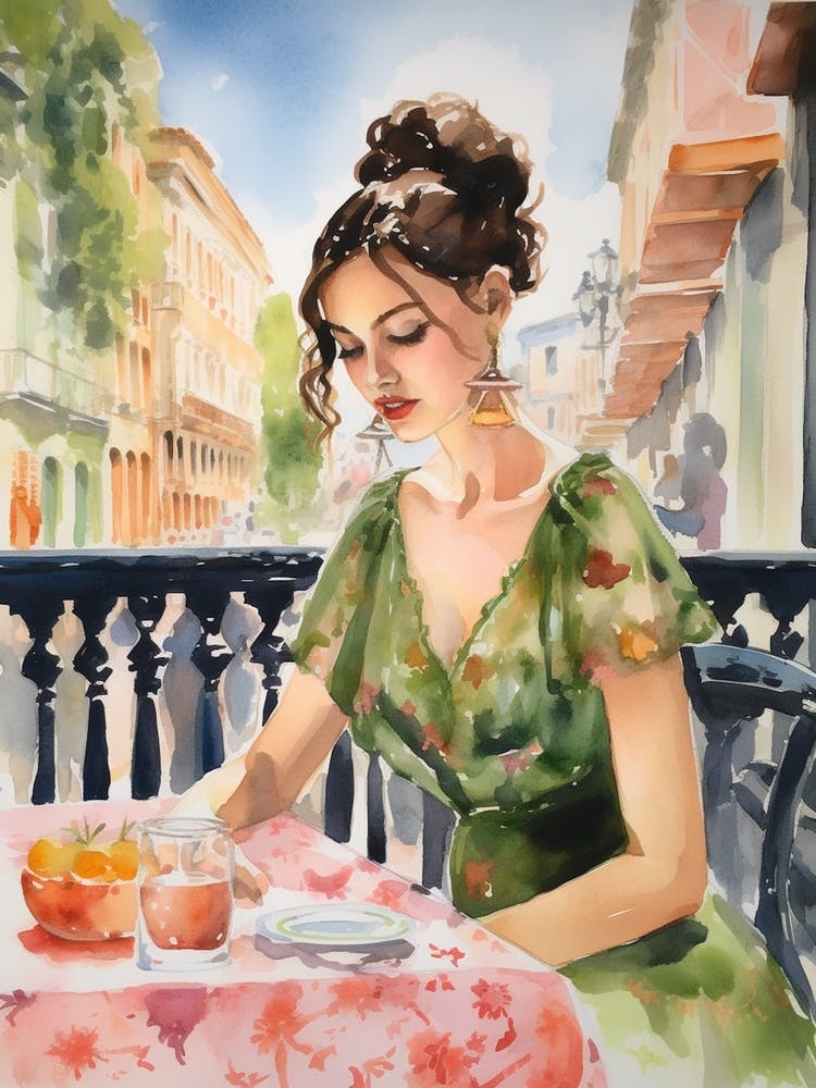 At A Cafe In Seville Spain 2 Watercolour