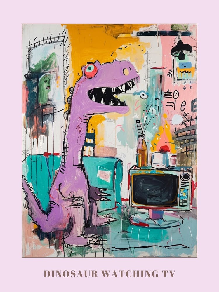 Dinosaur Watching Tv Purple Graffiti Brushstroke Poster
