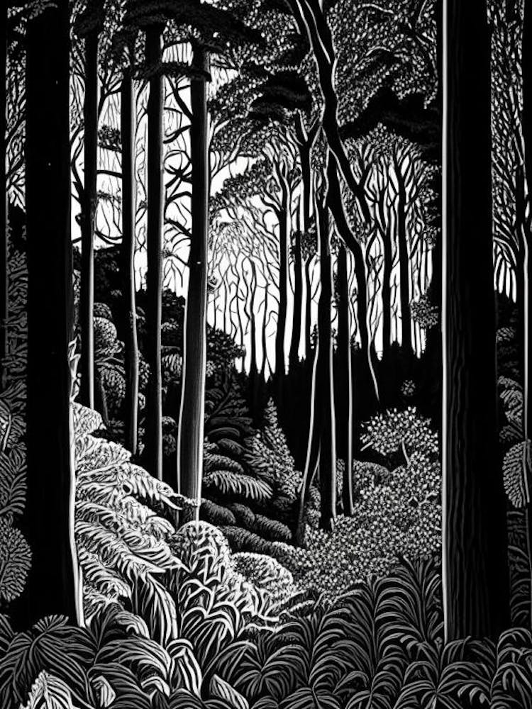 Bernheim Arboretum And Research Forest, Usa Linocut Black And White Vintage