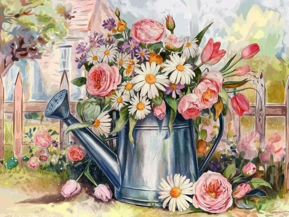 Watering Can with Summer Blooms - A Vibrant Garden Still Life 1