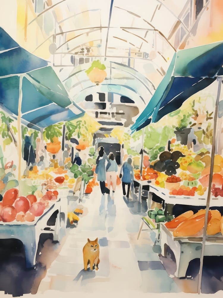 Food Market With Cats In Rome 2 Watercolour