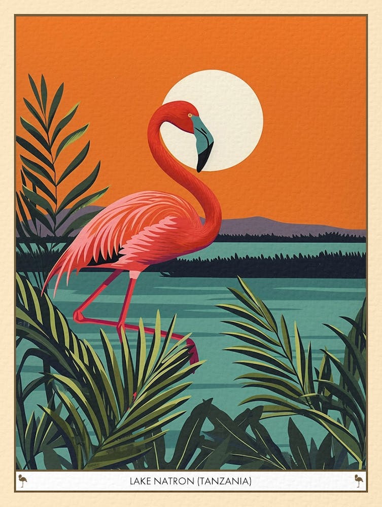 Grand Flamant rose Lac Natron Tanzanie Illustration Tropicale 3 Affiche
