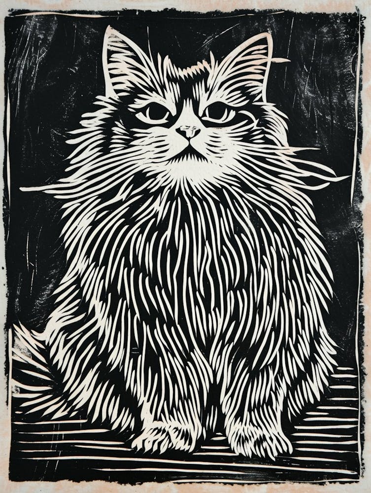 Persian Cat Linocut Blockprint 2