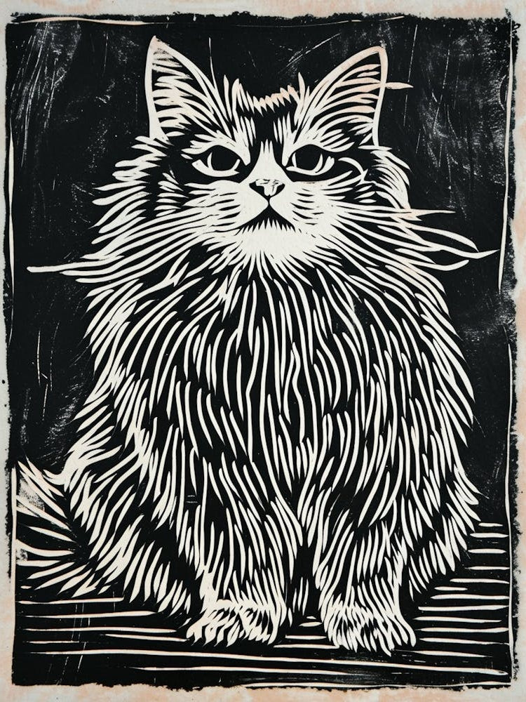 Persian Cat Linocut Blockprint 2
