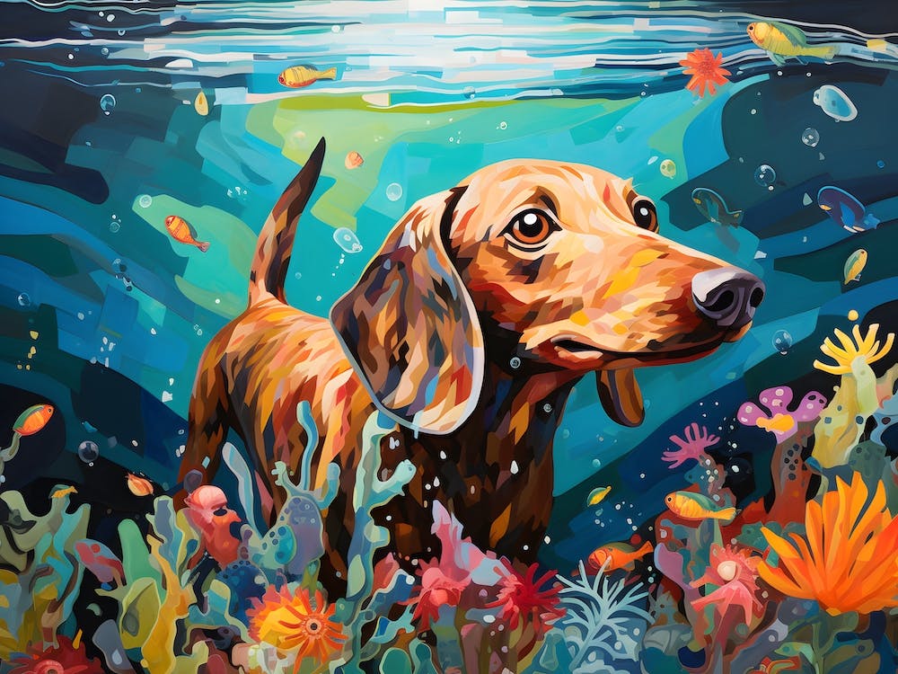 Dackel Hund schwimmt im Meer