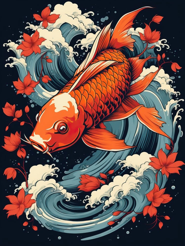Koi Fish Animal Drawing In The Style Of Ukiyo E 2