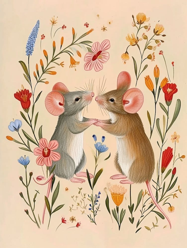 Folksy Floral Animal Drawing Mouse
