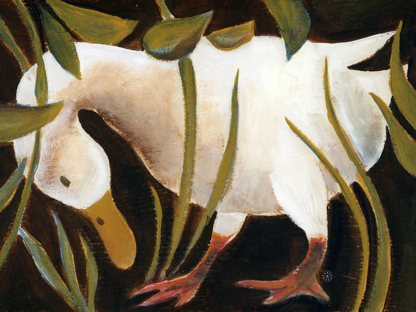 White Duck In Grass - painting art hand painted bird geese dark living room kitchen kids room nursery bedroom classical old master style figurative
