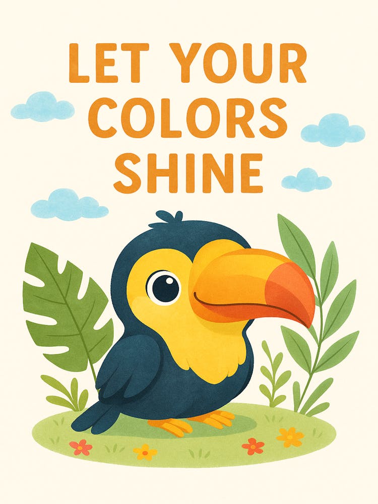 Let Your Colors Shine – Cute Toucan Motivational Poster, Jungle Animal Wall Art for Kids Room, Tropical Nursery Printable