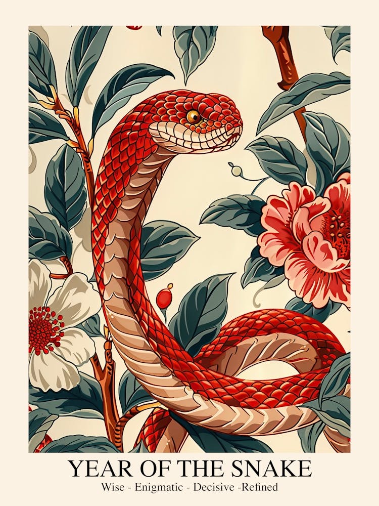 Lunar Year Of The Snake 2025 Wall Poster Framed Snake Art Chinese Zodiac Vintage Red