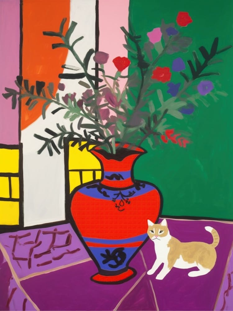 A Painting Of A Still Life Of A Heather With A Cat In The Style Of Matisse 4