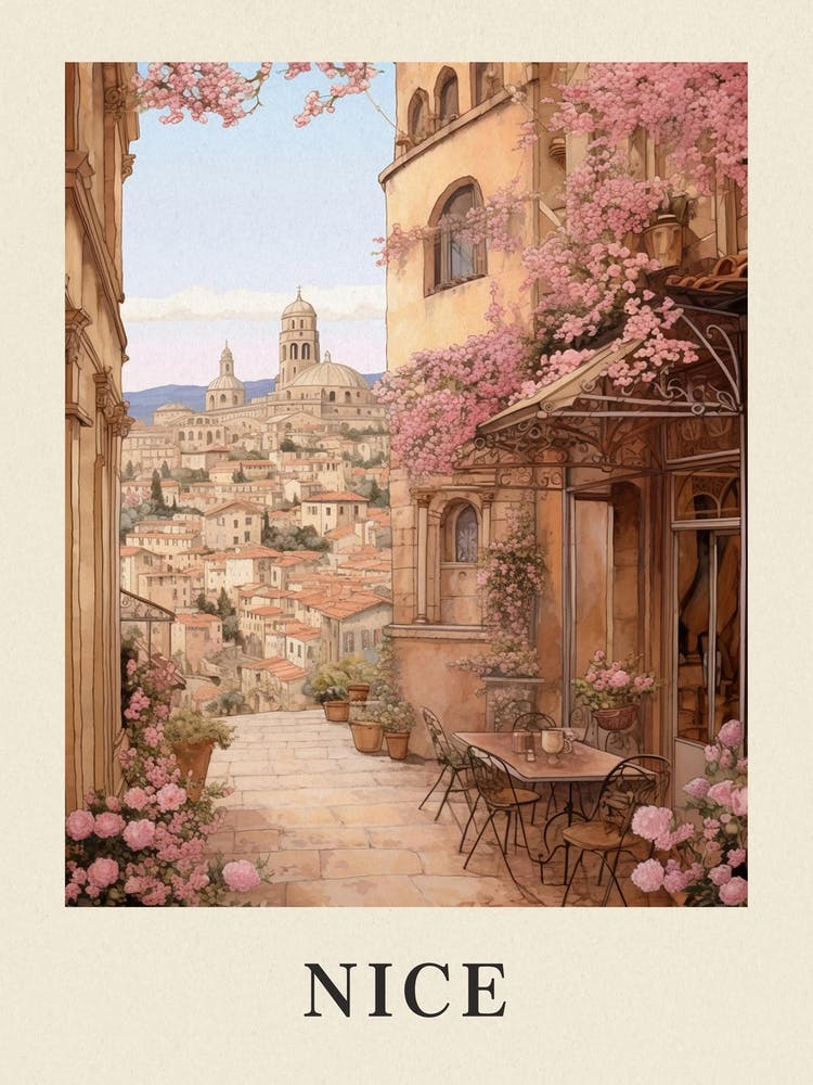 Nice France 3 Vintage Pink Travel Illustration Poster
