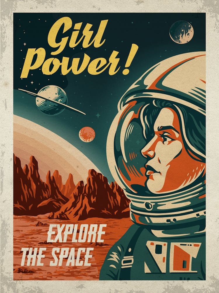 Girl Power! Explore the Space — Vintage retro space poster, retrofuturism poster, retro space, propaganda poster
