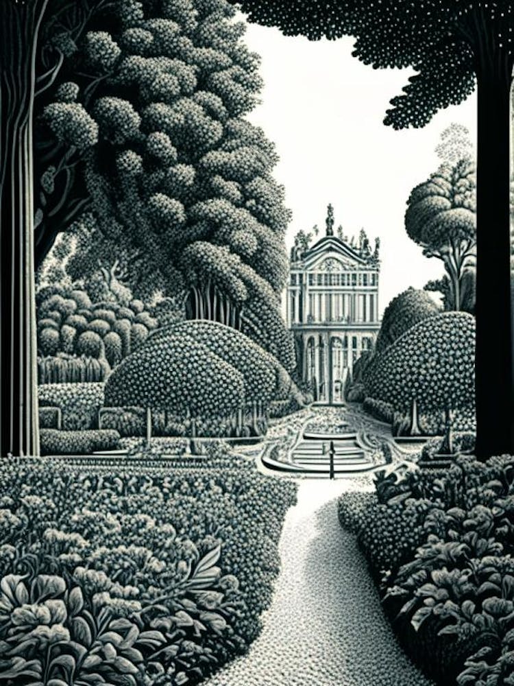 Gardens Of The Palace Of Versailles, France Linocut Black And White Vintage