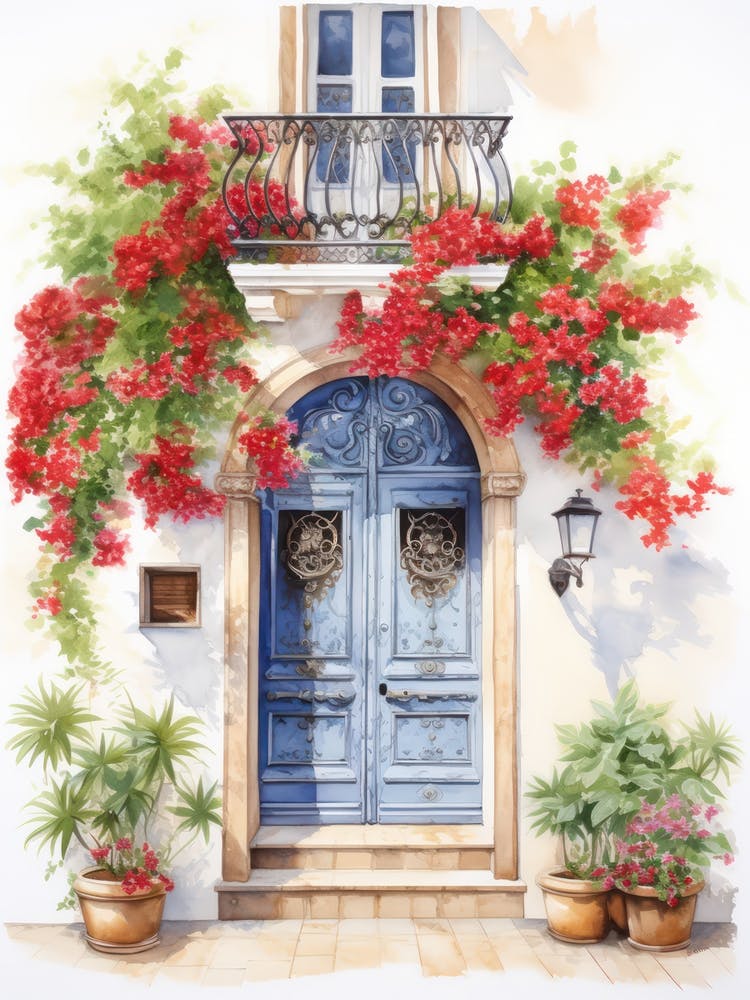 Palma De Mallorca, Spanien Mediterrane Türen Aquarellmalerei 1