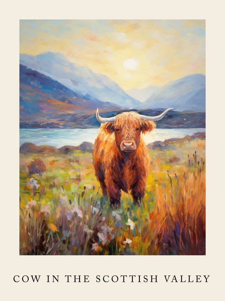 Brushstroke Impressionism Style Painting Of A Highland Cow In The Scottish Valley Poster 2