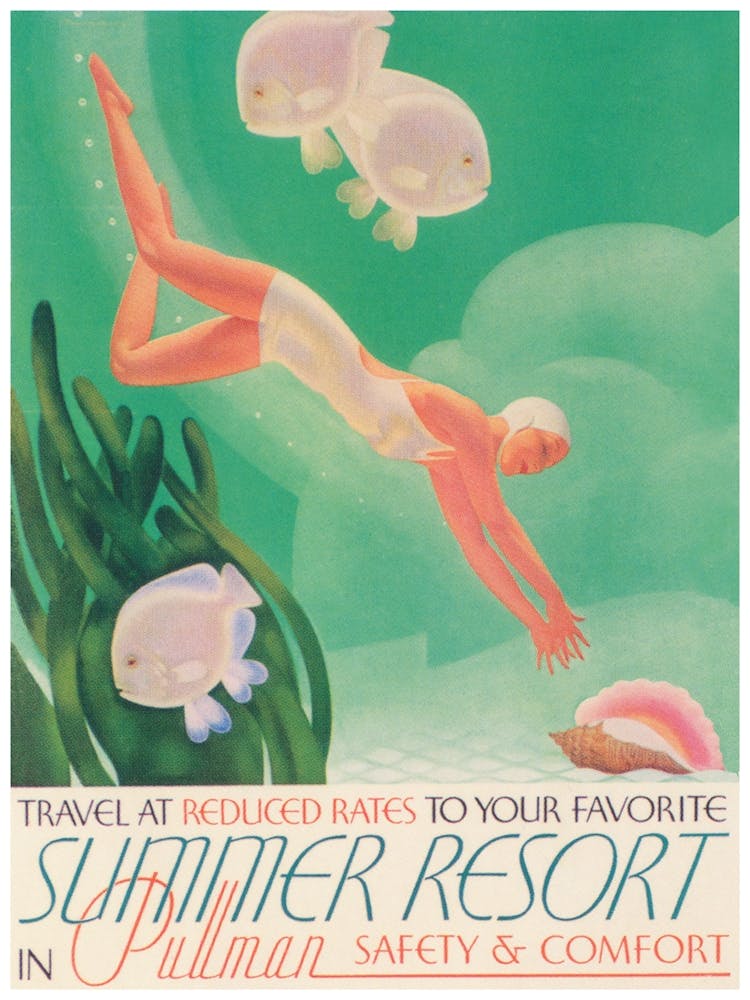 Woman Diving for Seashells Vintage Travel Poster