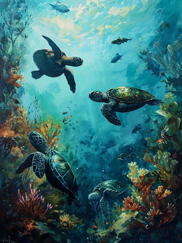 Sea Turtles With A Coral Reef Expressionism Style Painting 10