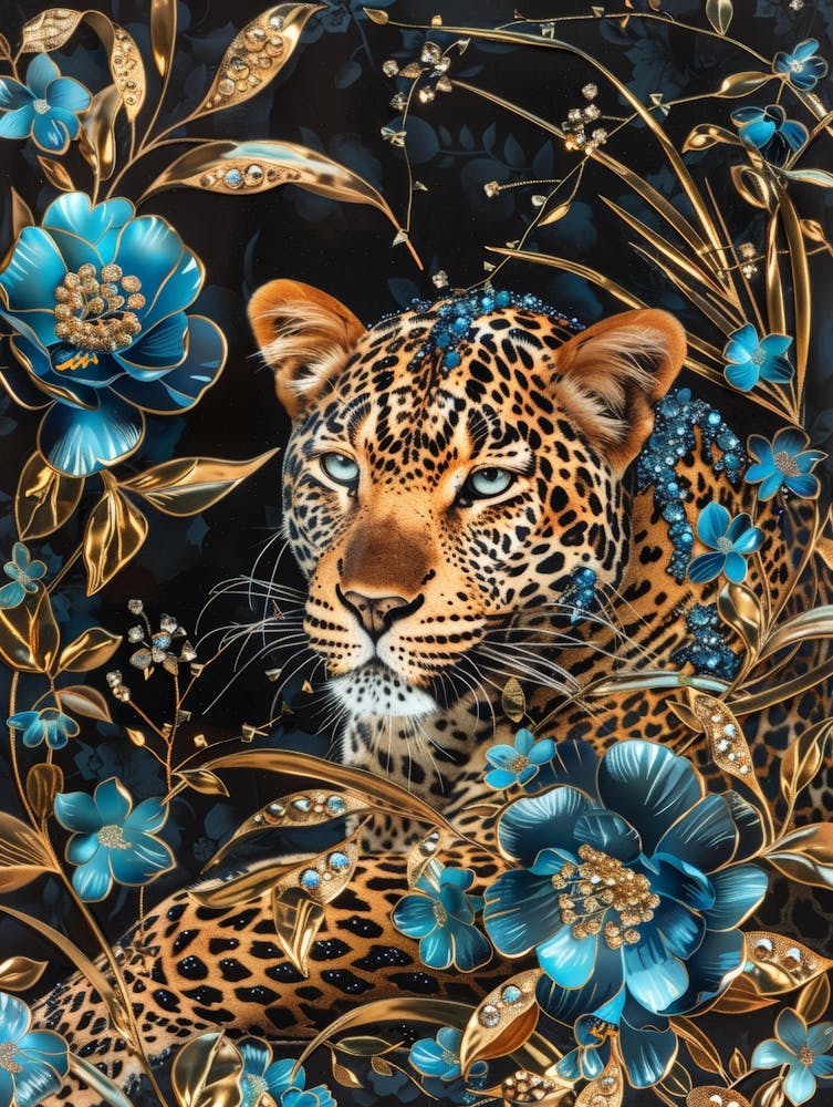 Leopard With Blue Flowers
