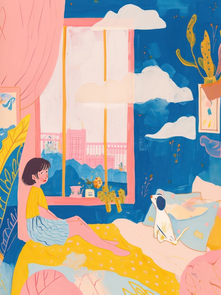 Girl Sleeping With Dogs Tv Lo Fi Kawaii Illustration 2