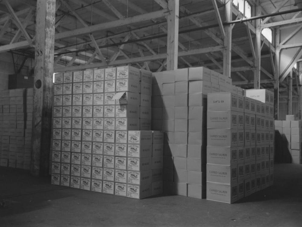 Cases Of Canned Salmon In Warehouse, Astoria, Oregon By Russell Lee