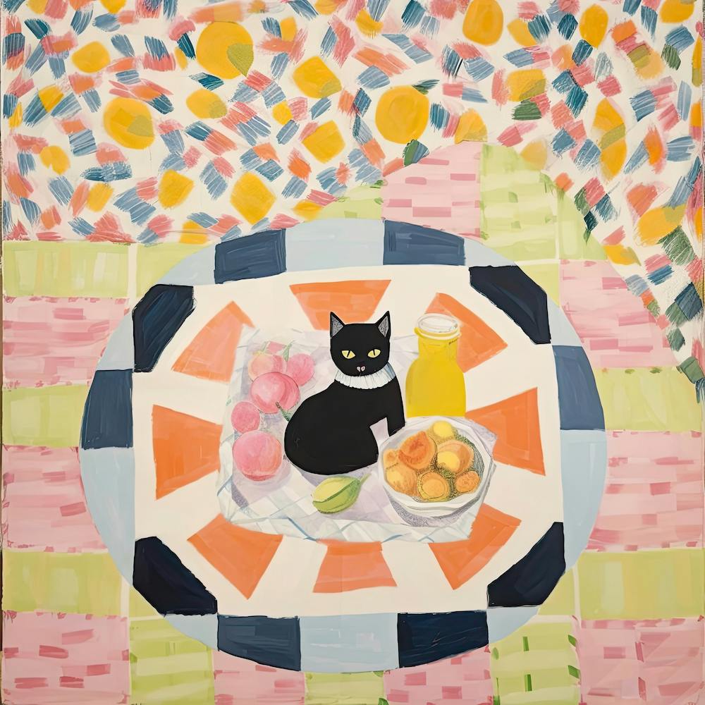 Pastel Colours Black Cat In A Picnic Blanket