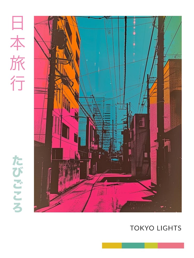 Japan Street Scene Neon Illustration Poster